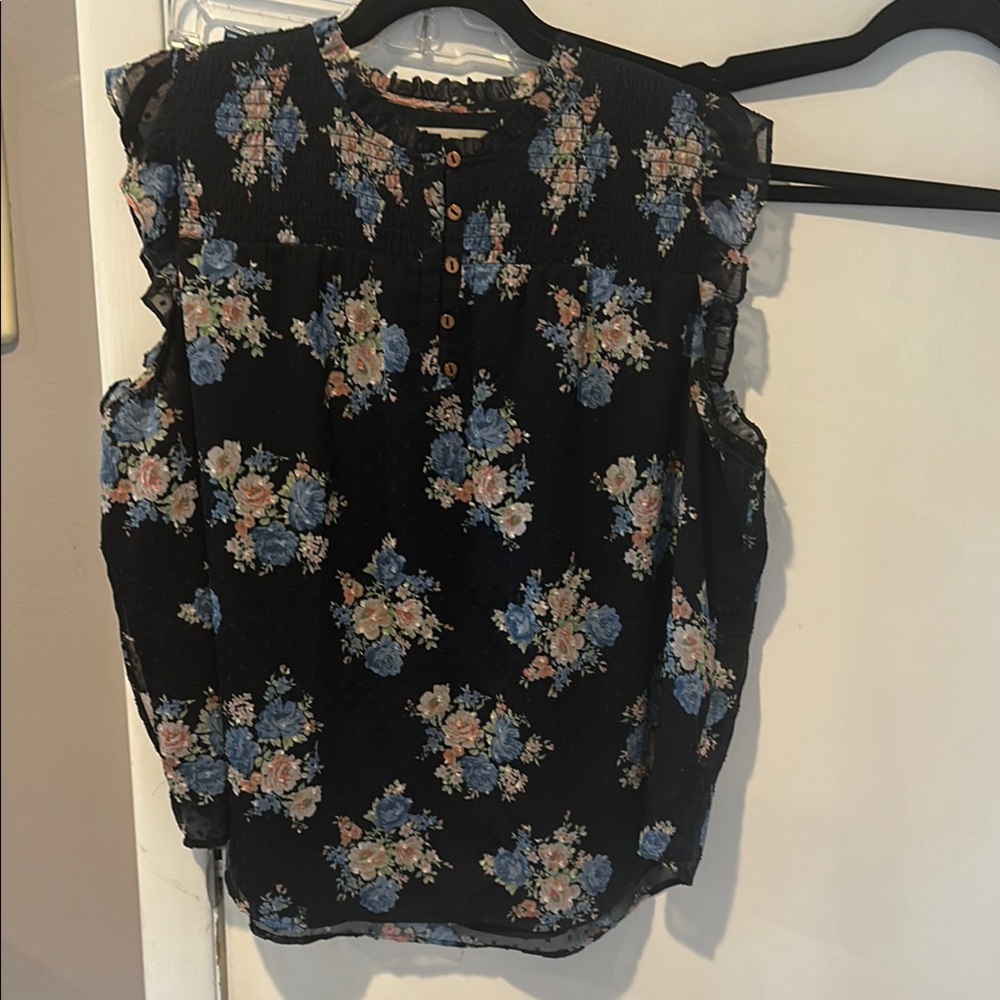 EUC LOFT Navy Floral Blouse with Blue and Pink Flowers